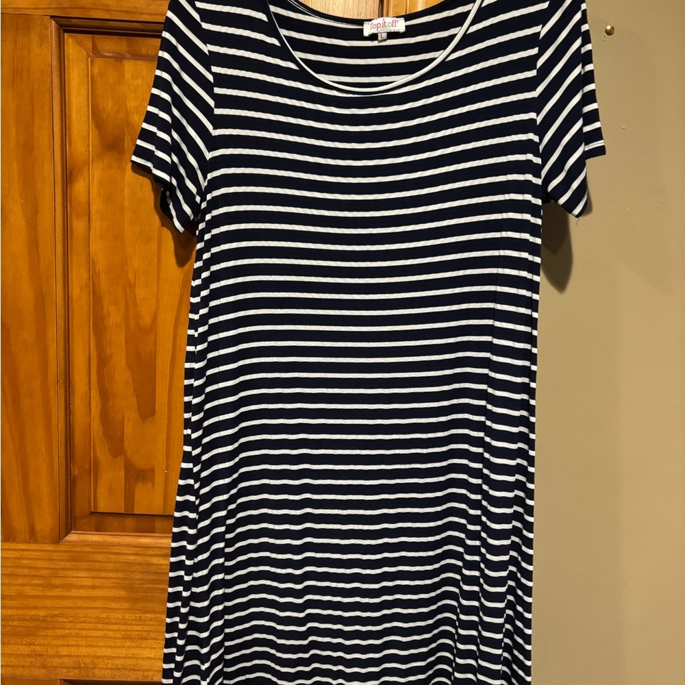 Women’s Navy and White Striped Mini Dress with Crew Neck